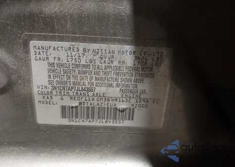 2018 Nissan Versa 1.6 S+ z USA, uszkodzony, nr VIN 3N1CN7AP7JL843557